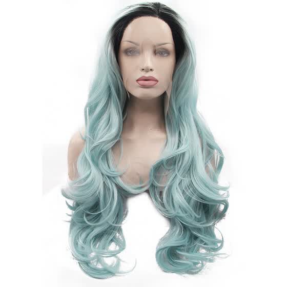 Shop Anogol 2 Tones Blue Green Ombre Black Roots Peruca Laco