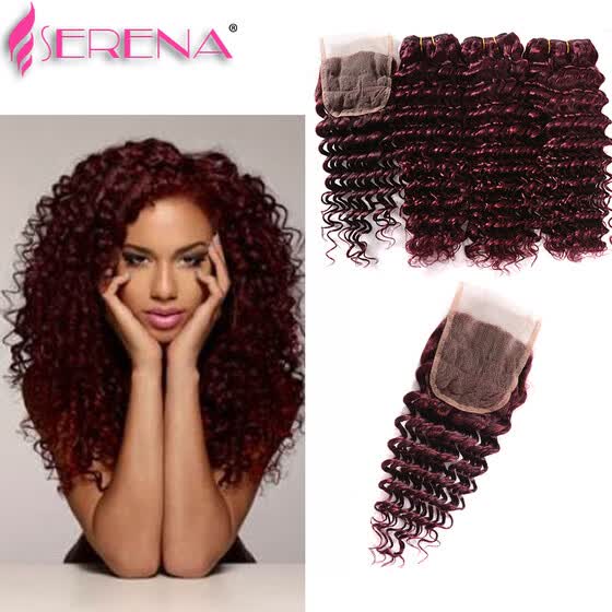 Shop Burgundy Indian Deep Wave With Closure Virgin Hair Curly Deep