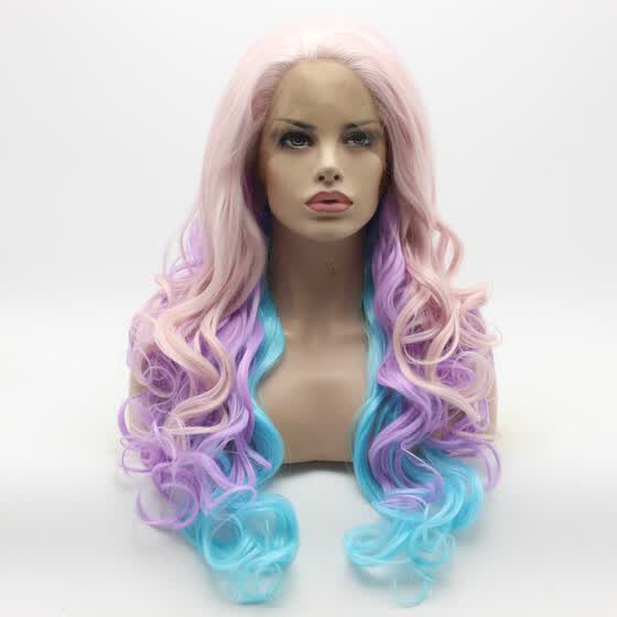 Shop Iwona Hair Wavy Long Pink Light Purple Blue Mix Wig Half Hand