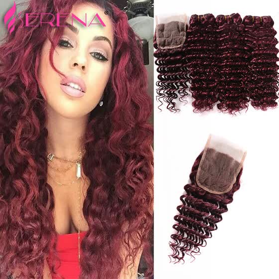 Shop Peruvian Burgundy Hair Deep Wave 3 Bundles With Lace Closure