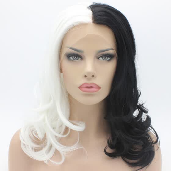 Shop Iwona Hair Wavy Shoulder Length Half White Half Black Mix Wig Half Hand Tied Heat Resistant Synthetic Lace Front Wig Online From Best Lace Front Wigs On Jd Com Global Site