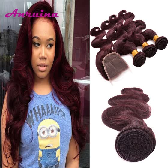 Shop Burgundy Color Weave Bundles With Closure Malaysian Body Wave