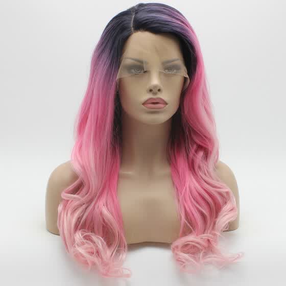 Shop Iwona Hair Wavy Long Dark Root Rose Red Pink Ombre Wig Half