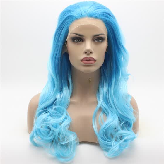 Shop Iwona Hair Wavy Long Blue Root Light Blue Ombre Wig Half Hand