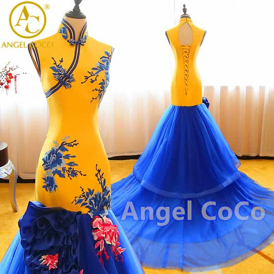 blue and yellow gown