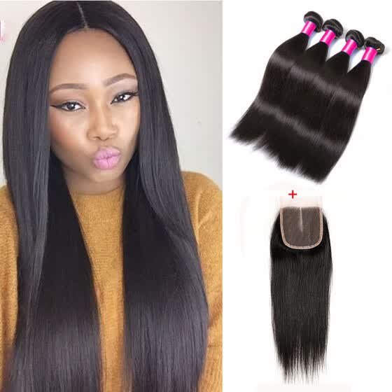 Shop 3 Bundles Peruvian Straight Virgin Hair With 4x4 Lace Closure