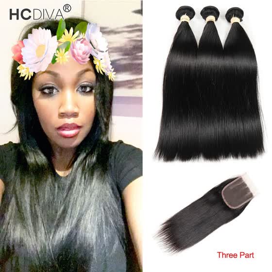 Shop Hcdiva Brazilian Virgin Hair Straight 3 Bundles With Closure