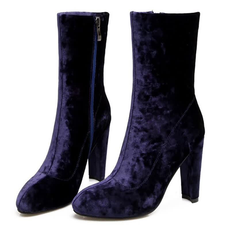 stylish velvet chunky high heel boots