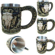 3D Wolf King Head Pattern Mug Retro Resin Stainless Steel Coffee Tea Cup 15oz
