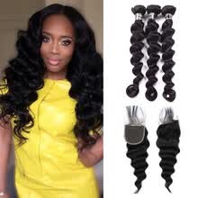 bundles-with-closure-Amazing Star Peruvian Virgin Hair Loose Wave Bundles with Closure Human Hair Bundles with Closure 4x4 Inch Free Part Lace Closure on JD