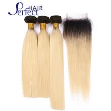 875071956-8A Ombre Virgin Brazilian Straight Hair 3 Bundles With Closure 1B/613 Blonde Human Hair Weave Ombre Brazilian Hair With Closure on JD