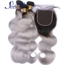 bundles-with-closure-Hot Body Wave With Closure 1B Grey Ombre Human Hair Bundles With Closure Grey Peruvian Human Hair Extensions With Closure on JD