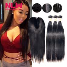 875071956-N.L.W. 10A Brazilian virgin human hair 3 bundles with closure Silk straight hair weaves with closure on JD