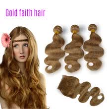 bundles-with-closure-Grado 7A de la venta caliente Brazilian Virgin Hair Body Wave ondulado # 27 Honey Blonde Three Bundles con cierre de seda de encaje on JD