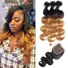 875071956-Ombre Brazilian Hair T1B/27 3 Bundles With Closure Muse Lady Beauty Hair Products Blonde Weave Bundles Brazilian Body Wave on JD