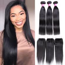 875071956-Bling Hair Brazilian Virgin Hair Straight Hair 3 Bundles with Closure 7A Grade 100% Unprocessed Human Hair Weave on JD