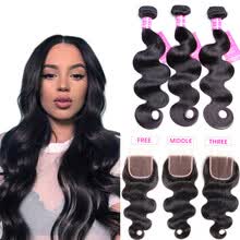 875071956-Bling Hair Brazilian Virgin Hair Body Wave 3 Bundles with Closure Free/Middle/Three  7A Grade 100% Unprocessed Human Hair Weave on JD