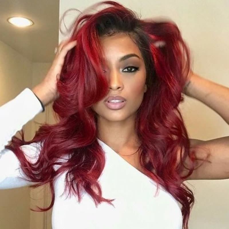 Shop Wavy Ombre Red Lace Front Wig Dark Root 1b Burgundy Human