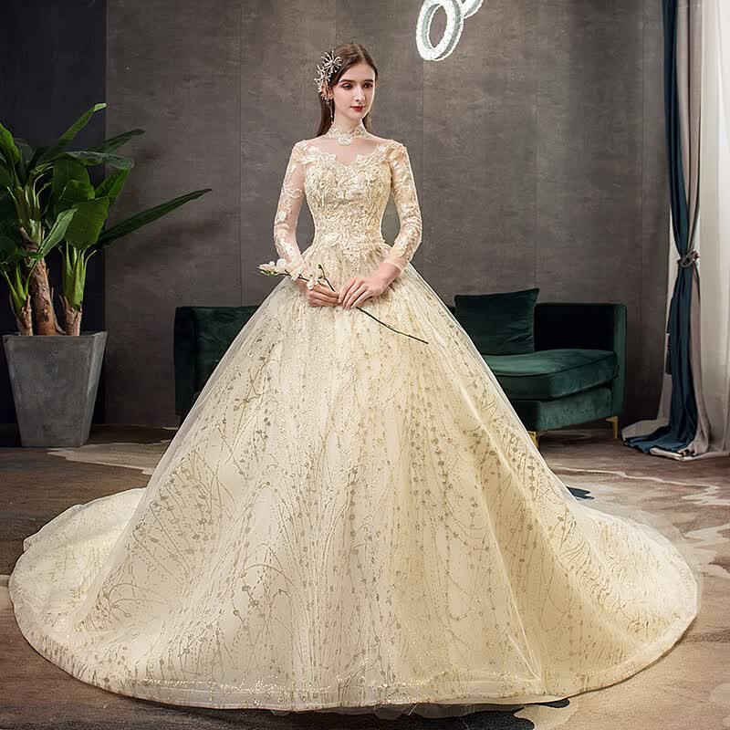 Shop Gold Lace Muslim Wedding Dress With Big Train 2019 New High