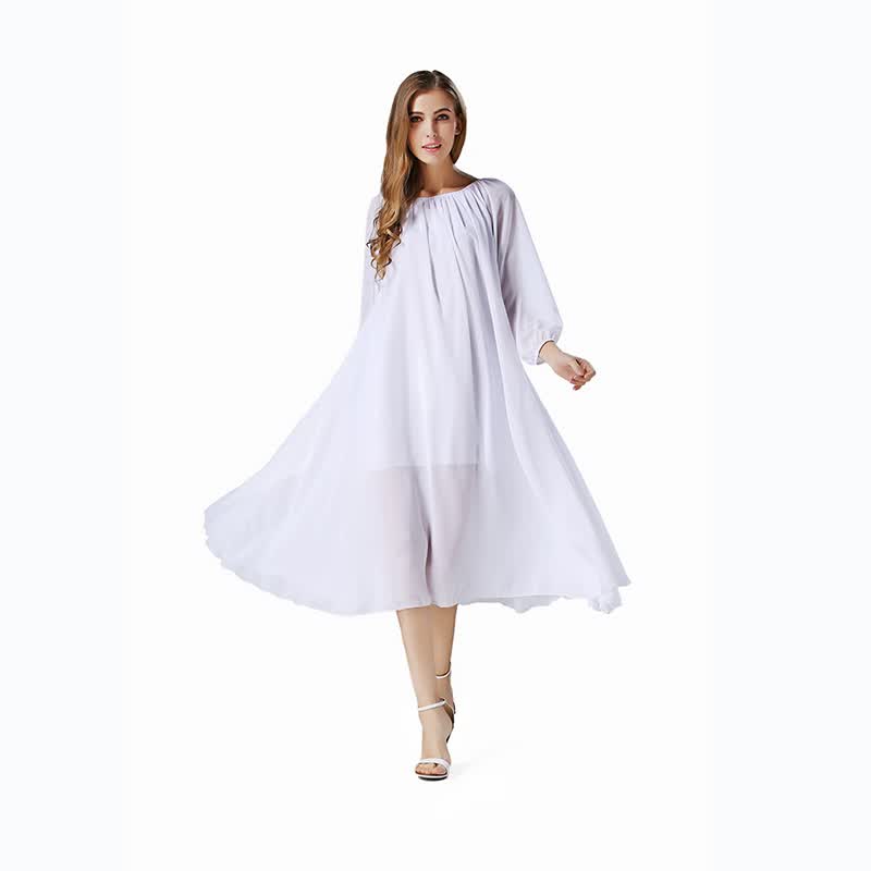 BUENOS NINOS Womens Long Sleeve Crew Neck Loose Chiffon Long Maxi Dress with Belt