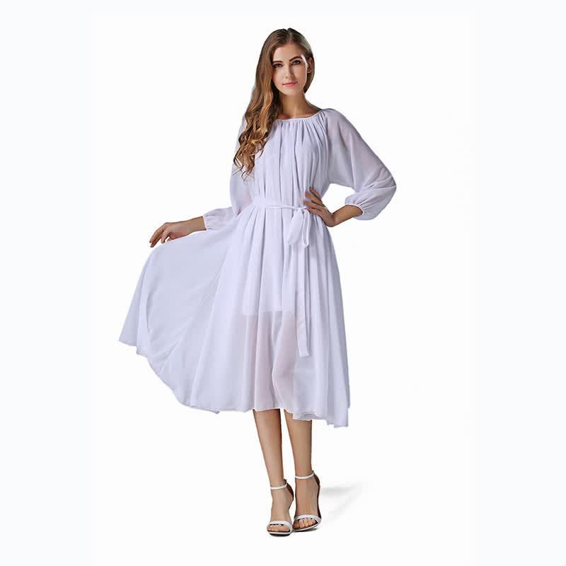 BUENOS NINOS Womens Long Sleeve Crew Neck Loose Chiffon Long Maxi Dress with Belt